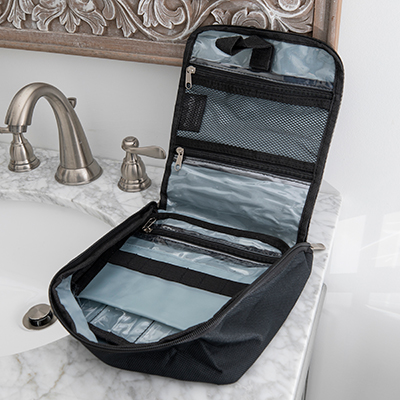 PREMIUMBAG<sup>&reg;</sup> Toiletry Bag - Easily pack and store your toiletries for a weekend getaway or business trip.  Bag designed to hang anywhere and has a removable inside organizer. Interior has elastic loop holder, mesh zippered pocket, and transparent pockets for toiletries. Measures: 9.5"  x 2.7" x 8.5".